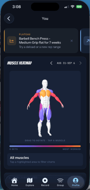 Xenitia Profile with a bench press plateau insight and a colour-coded, rotatable muscle heatmap.